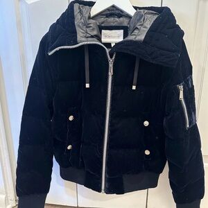 BCBGeneration blue and burgundy velvet Puffer bomber Jacket with Hood